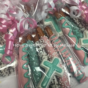 5-pk of Mini Chocolate Dipped Pretzels wth Matching Chocolate Cross Baptism, Communion, Christening, Confirmation image 3