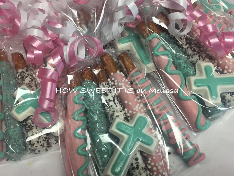 5-pk of Mini Chocolate Dipped Pretzels wth Matching Chocolate Cross Baptism, Communion, Christening, Confirmation image 3