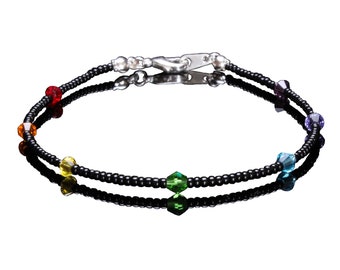 Crystal and Black Seedbead Chakra/Pride/Rainbow Sterling Silver Bracelet