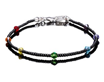 Crystal and Black Seedbead Chakra/Pride/Rainbow Sterling Silver Anklet