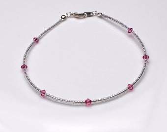 Rose Pink Crystal and Clear ab Seedbead Sterling Silver Anklet