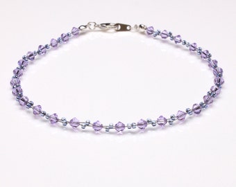 Violet Crystal and Light Sapphire Seedbead Sterling Silver Anklet