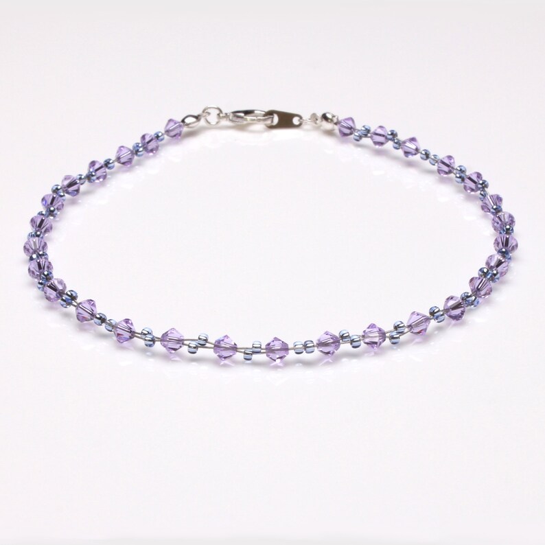 Violet Crystal and Light Sapphire Seedbead Sterling Silver Anklet image 1