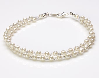 White Glass Pearl and Seedbead Double sterling silver Anklet