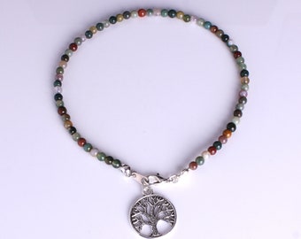 Indian Agate and Tree of Life Charm sterling silver Bracelet