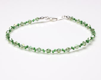 Green Chrysolite Crystal and Chrysolite Seedbead Sterling Silver Anklet