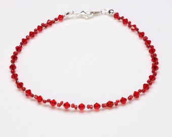 Red (Light Siam) and Red Seedbead Sterling silver Anklet