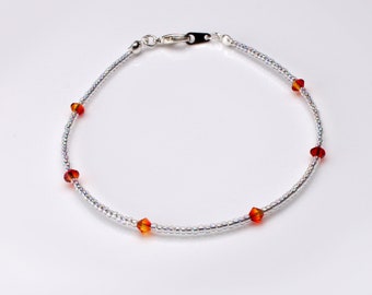 Fireopal Crystal and Clear ab Seedbead Sterling Silver Anklet