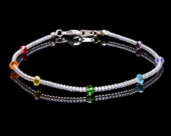 Crystal and Clear Seedbead Chakra/Pride/Rainbow Sterling Silver Bracelet