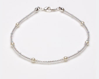 White Glass Pearl and Clear ab Seedbead sterling silver Anklet