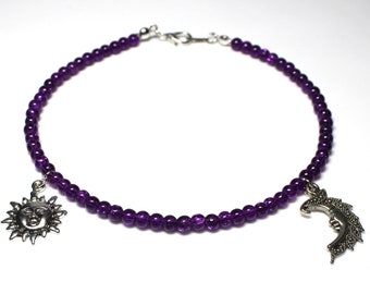 Purple Crackle Glass Sterling Silver Bracelet with Sun and Moon charms