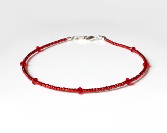 Red Crystal and Red Seedbead Sterling Silver Anklet