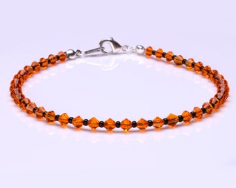 Orange Crystal and Black Seedbead Sterling Silver Anklet