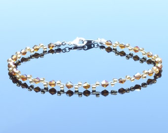 Crystal Golden Topaz Ab and Topaz  Seedbead Sterling Silver Anklet