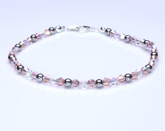 Rose Crystal, Clear Ab and  Silver Hematite Anklet