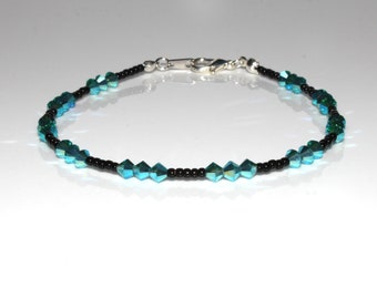Crystal Blue Zircon and Black Seedbead Anklet