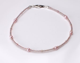 Pink Pearl and Rosaline Seedbead Sterling Silver Bracelet
