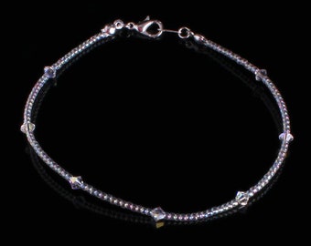 Clear Ab Crystal and Clear ab Seedbead sterling silver Anklet