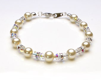 White Glass Pearl and Clear ab Crystal Sterling Silver Anklet