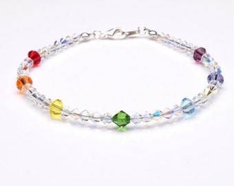 Crystal Clear Ab and Chakra/Pride/Rainbow Sterling silver Anklet