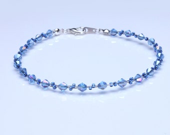 Sapphire Blue Crystal and Sapphire Seedbead Sterling Silver Anklet