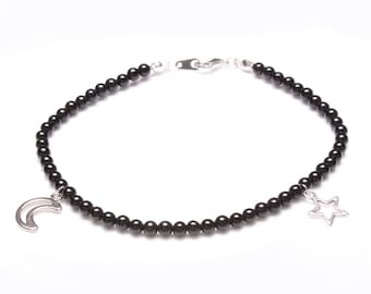 Black Onyx and Star and Moon charm Sterling silver Anklet