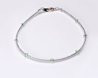 Chrysolite Green Crystal and Clear ab Seedbead Sterling Silver Anklet