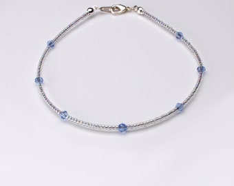 Sapphire Blue Crystal and Clear ab Seedbead Sterling Silver Anklet