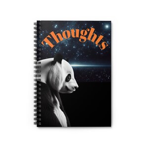 Puede incluir: Un panda blanco y negro con la palabra "Thoughts" en texto naranja encima. El fondo es azul oscuro con estrellas blancas.