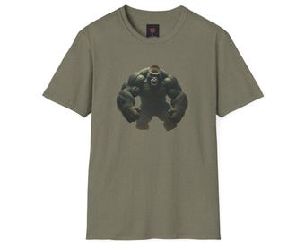 May include: A green t-shirt with a graphic of a large, green gorilla with a menacing expression.