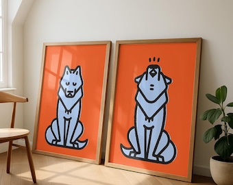 Par de ilustraciones dibujadas a mano de una manada de lobos retro: Decoración infantil moderna de mediados de siglo (descarga digital)