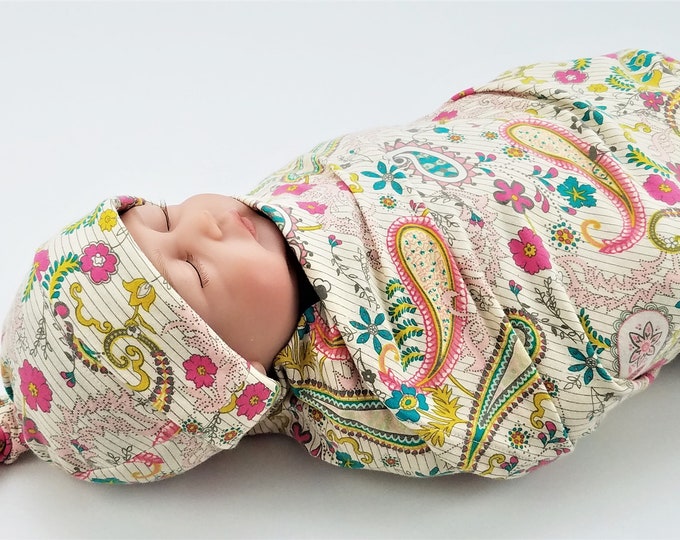 Paisley Baby Swaddle Set Swaddling Blanket & Knot Hat Etsy