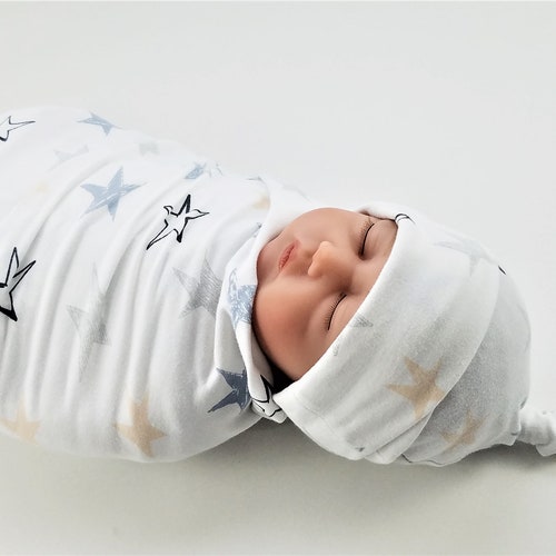 Swaddle Set Baby Boy Blanket and Top Knot Hat Stretchy Etsy