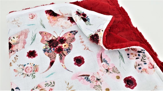 Personalized Minky Baby Blanket - Pink and Red Moths