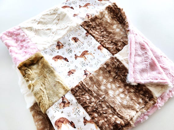 Fawn Minky Patchwork Baby/Toddler Blanket - 35"X41" - Soft Plush