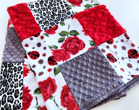 Rose and Ladybug Minky Patchwork Baby/Toddler Blanket - 35"X41" Soft, Plush