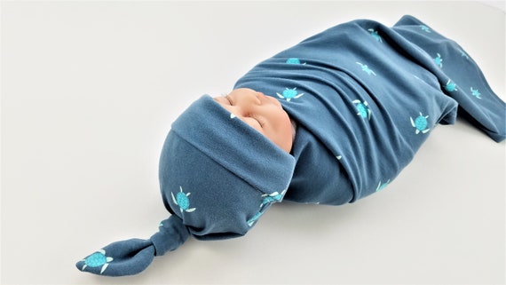 Dark Teal Sea Turtle Baby Swaddle Set - Made to Order
