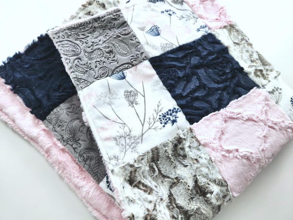 Pink and Navy Floral Patchwork Minky Baby Blanket - 35"X41"