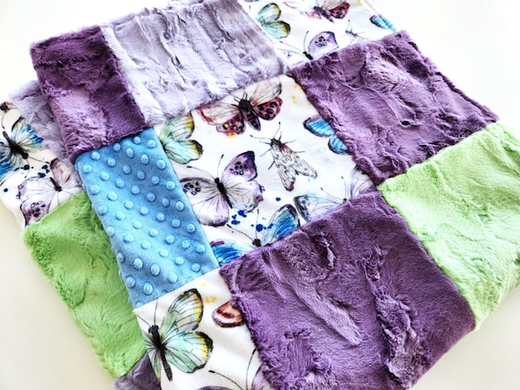 Butterfly Minky Patchwork Baby/Toddler Blanket - 35"X41" - Soft Plush
