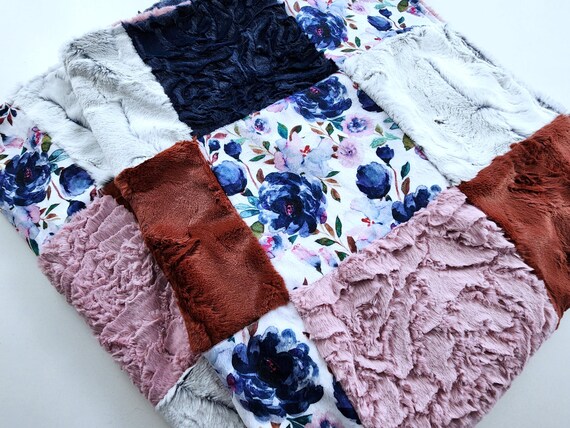 Navy Floral Minky Patchwork Baby Blanket - 35"X41" Soft Plush