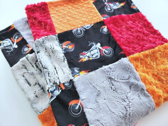 Motorcycle Patchwork Minky Baby Blanket - 35"X41"