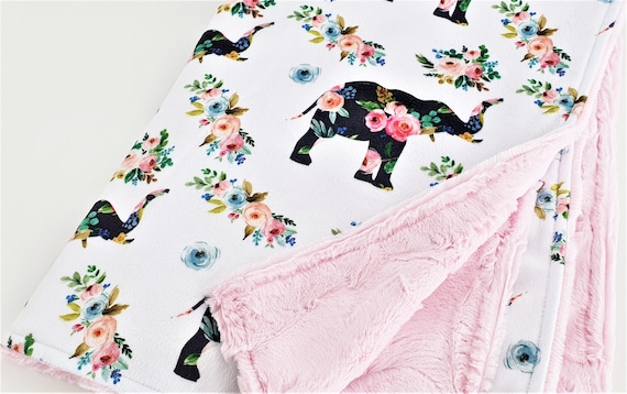 Personalized Floral Elephant Minky Baby Blanket