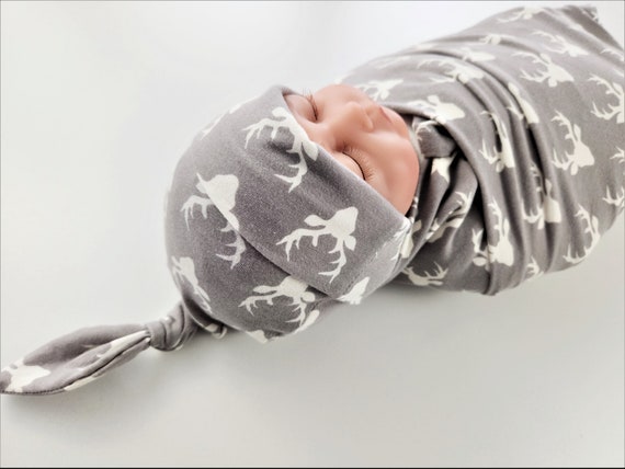 Gray & Ivory Antler Baby Swaddle Set - Swaddling Blanket, Knot Hat - Made to Order