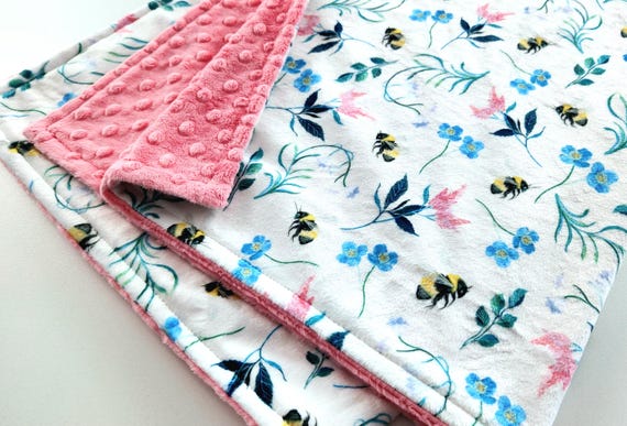 Ready to Ship!  Bumble Bee and Floral Minky Baby Blanket