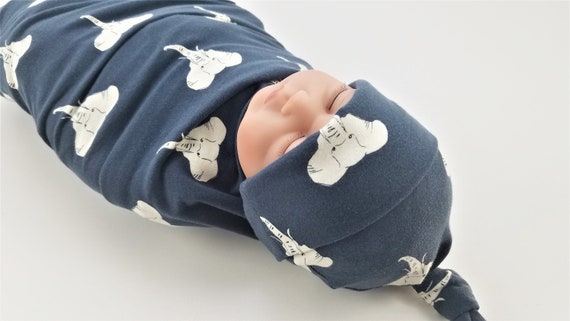 Elephant Baby Swaddle Set - Swaddling Blanket & Knot Hat