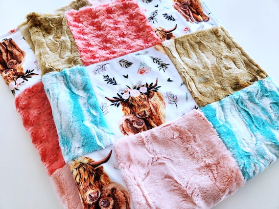 Highland Cow Minky Patchwork Baby/Toddler Blanket - 35"X41" - Soft Plush