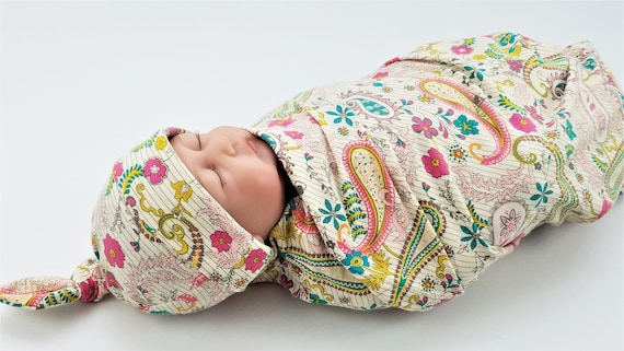 Paisley Baby Swaddle Set - Swaddling Blanket & Knot Hat