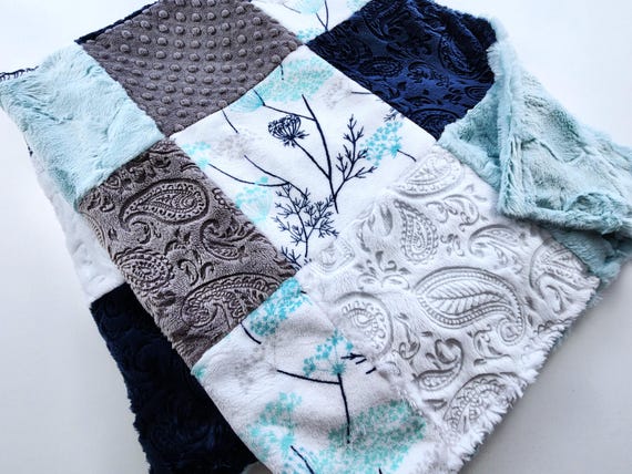 Floral Minky Baby Blanket – Navy, Teal Patchwork (35"x41")