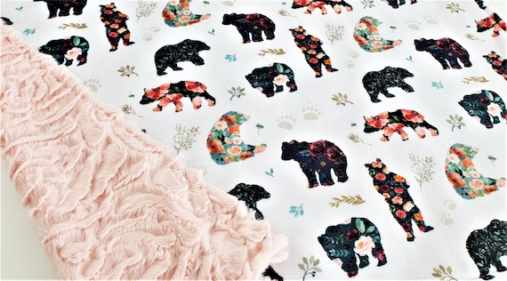 Personalized Floral Bears Minky Baby Blanket