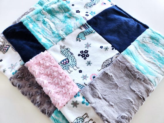 Llama Minky Patchwork Baby/Toddler Blanket - 35"X41" - Soft Plush